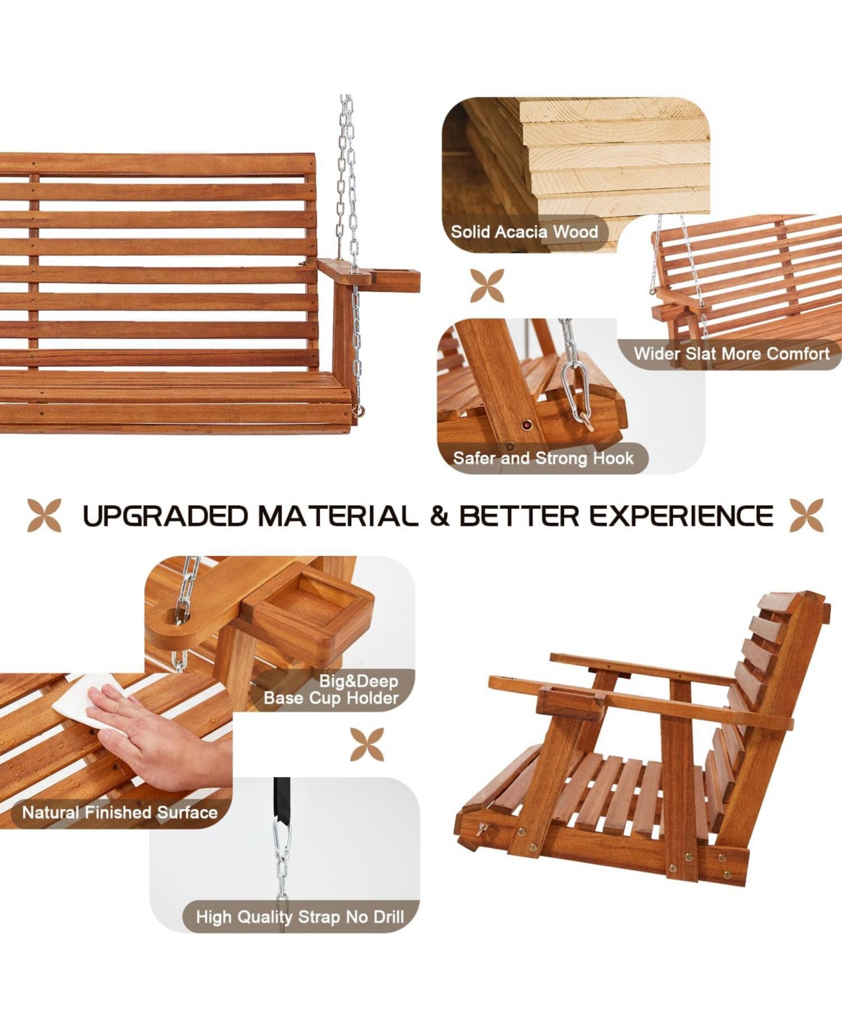 Aecojoy Upgraded 2-3 Person Wooden Porch Swing