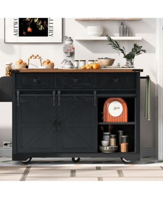 53.7" Farmhouse Kitchen Island with Drop Leaf, Power Outlet, Barn Doors & Drawers, Rolling Storage Cart