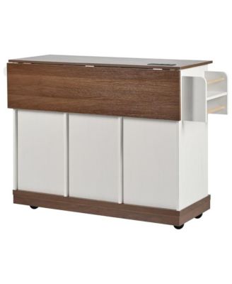 55.5" Wide MDF Drop Leaf, Barn Door, Power Outlet, 3 Drawers, Locking Wheels Farmhouse Kitchen Island Cart