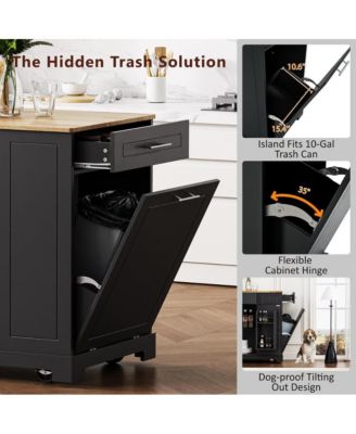 Rolling Kitchen Island with Trash Bin Cabinet, Power Outlet, 3 Drawers, Side Spice Racks, Solid Wood Top, Lockable Wheels