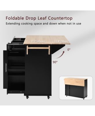 46" Rubberwood Top Rolling Kitchen Island Cart with Drop Leaf, 3-Tier Pull-Out Organizer and Hidden Door Racks