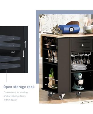 39.8" Wide Rubberwood, MDF Power Outlet, Drop Leaf, Wine Glass Rack, 2 Drawers, Locking Wheels Mobile Kitchen Island Cart