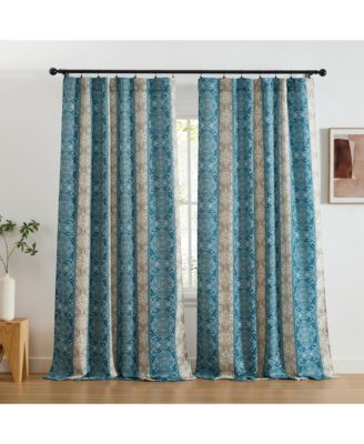 William Boho Damask Striped Patterned Window Back Tab Rod Pocket Curtains Bedroom - Light Blocking Darkening Window Panels, Set of 2