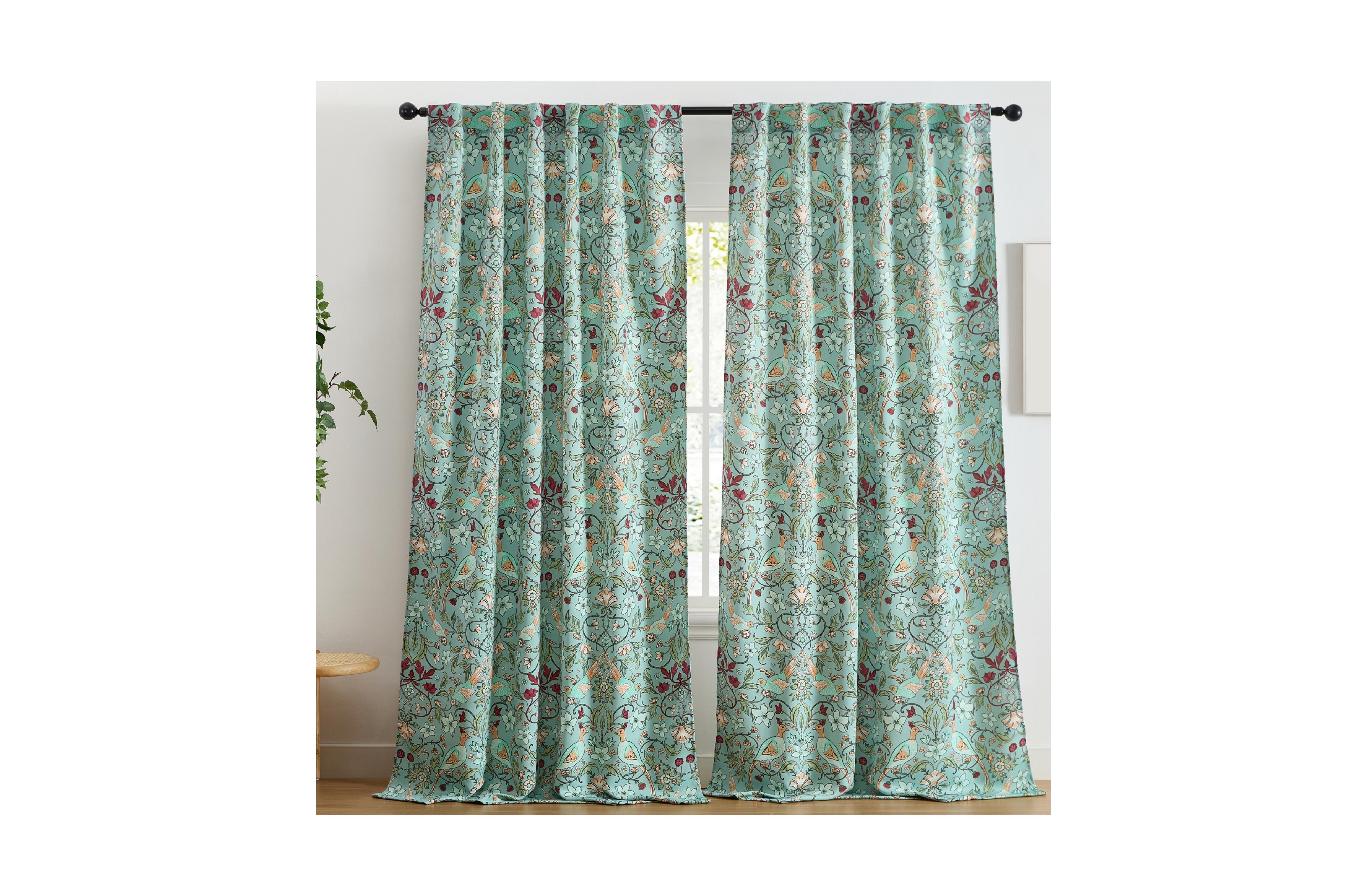 Hlc.me Florence Floral & Birds Patterned Window Back Tab Rod Pocket Curtains Bedroom - Light Blocking Darkening Window Panels