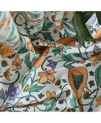 Florence Floral & Birds Patterned Window Back Tab Rod Pocket Curtains Bedroom - Light Blocking Darkening Window Panels, Set of 2