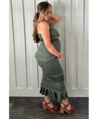 Olive Satin Smocked Fitted Maternity Maxi Dress