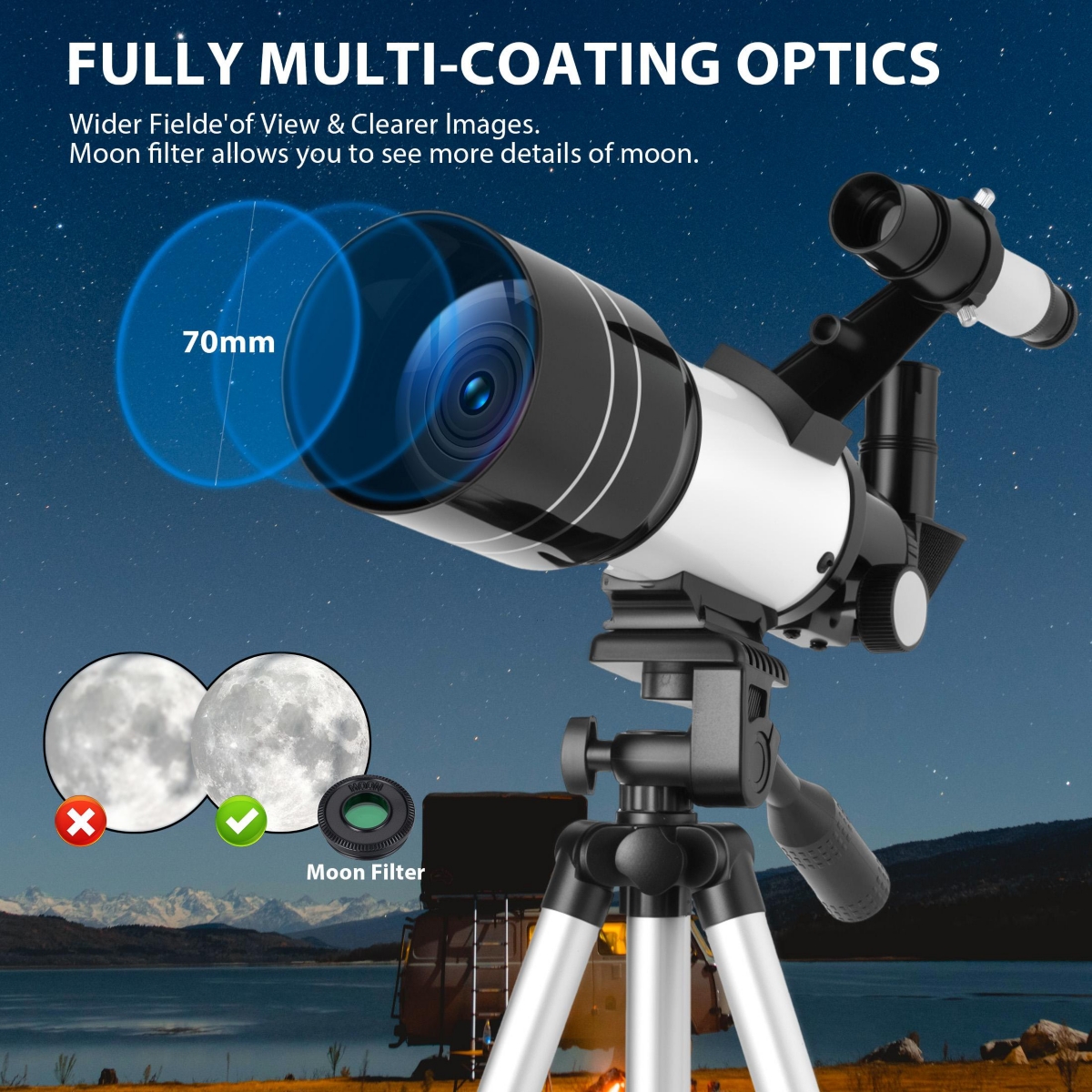 Sugift Telescope 70mm Aperture 300mm Az Mount Telescope with Stand and Phone Adapter for Kids, Adults and Beginners
