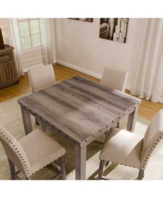 Rustic Counter Height Dining Table Set for 4, Farmhouse 5-Piece Linen Upholstered Stools Dinette Set with Nailhead Accents