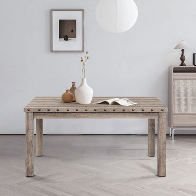 3-Pieces Rustic Rectangular Wooden Top Dining Table Set with 2 Linen Upholstered Chair