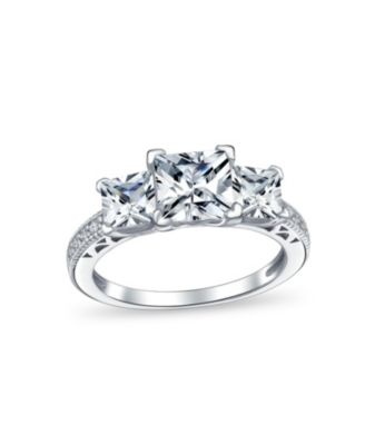 Classic 3CT Square Princess Cut Three Stone Past Present Future Cubic Zirconia Milgrain Promise  Ring Band Set Sterling Silver