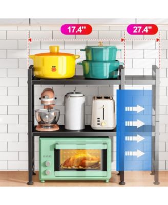 17.4"- 27.4" Expandable Microwave Stand, 3-Tier Heavy Duty Adjustable Height Microwave Oven Rack with 9 Hooks and Cutting Board Holder, Countertop Kitchen Shelf Organizer, Holds up to 180 lbs, Black
