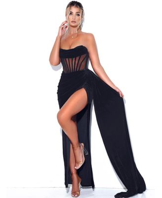 Women's Priya Black Draping Corset High Slit Velvet Gown