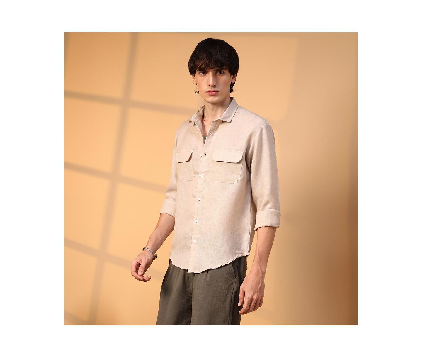 Мужская рубашка Cahoot Campus Sutra Khaki Beige Solid Utility, цвет: Бежевый — фото 5