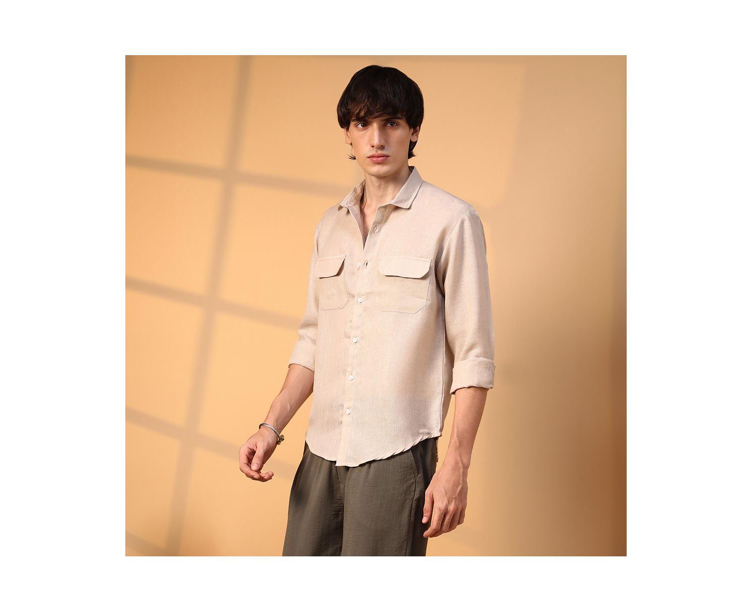 Men's Khaki Beige Solid Utility Shirt