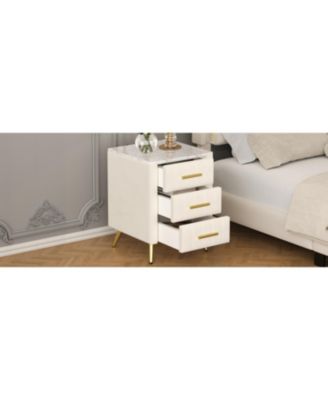  Upholstered Nightstand - 3 Drawers, Metal Legs & Marbling Top