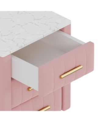  Upholstered Nightstand - 3 Drawers, Metal Legs & Marbling Top