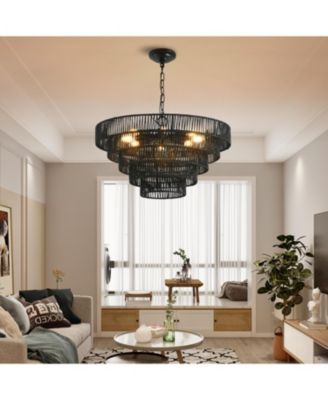 Rustic 5-Tier Hemp Rope Chandelier with 8 Sockets Hardwired Pendant Fixture