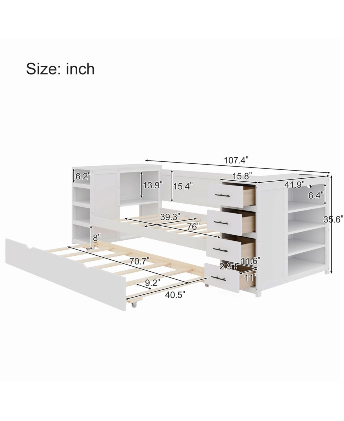 Streamdale Furniture Twin Daybed with Trundle Shelves Desk & Charging