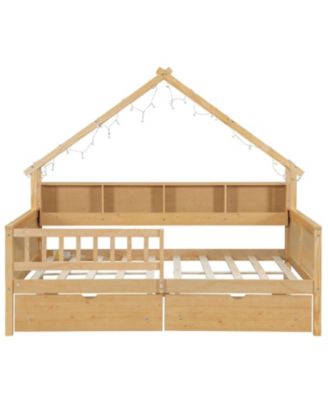 Wood Full House Platform Bed with LED & Storage