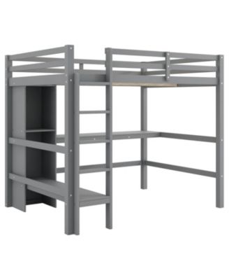 Full Size Wood Loft Bed with Multifunction Shelves and Under-bed Desk Bed
