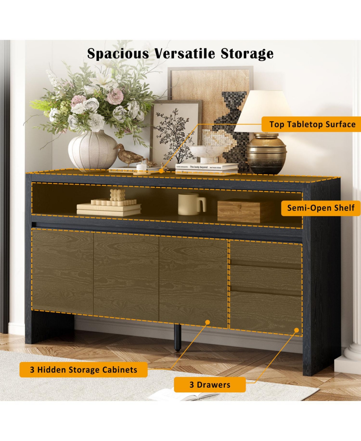 Streamdale Furniture 60" Modern Ash Veneer 3-Door Sideboard