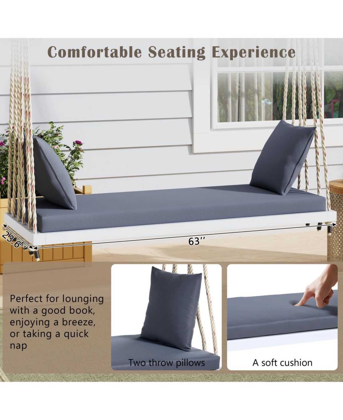 Streamdale Furniture Patio Wooden Swing Chair with Cushion & Ropes