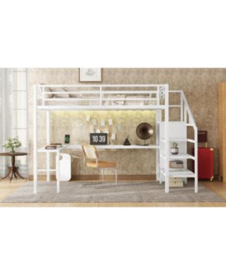 Loft Bed with Desk Wardrobe Shelf & LED - White