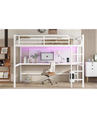 Queen Size Loft Bed with Power & LED - White