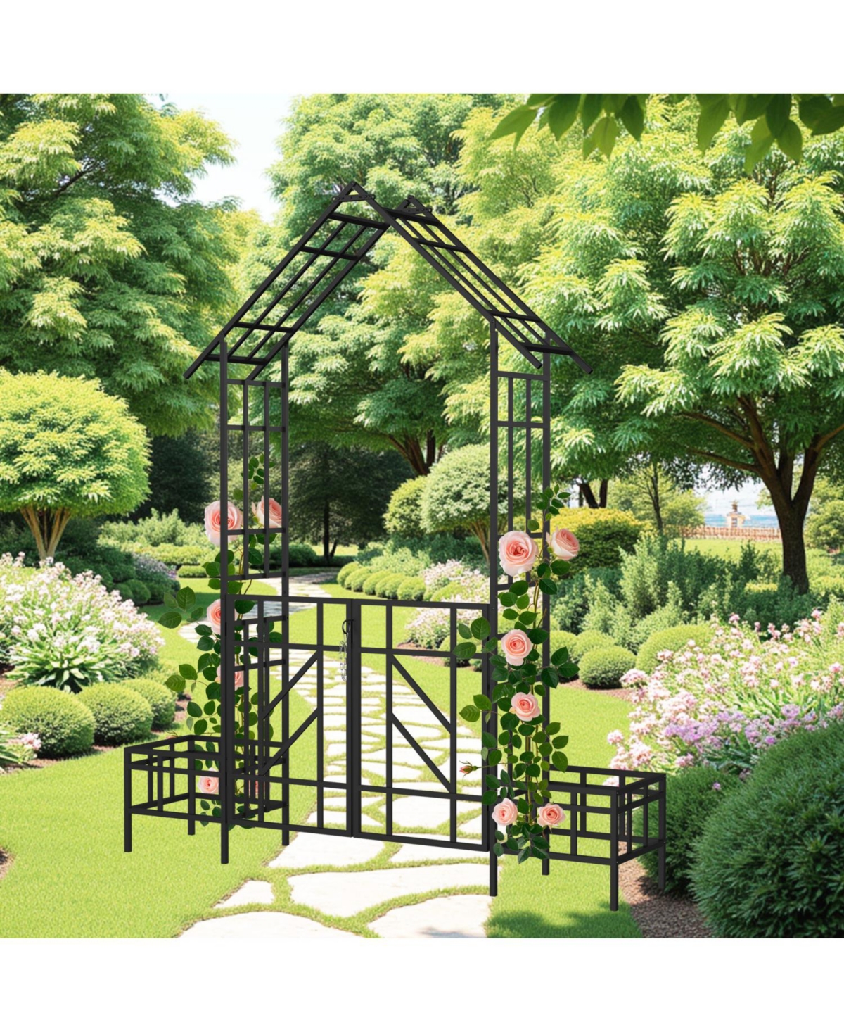 Streamdale Furniture Metal Garden Arch with Gate & Planters