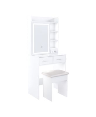 Small Vanity Desk with Mirror LED Lights & Outlet - White