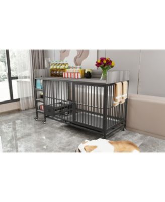 Large Pet Cage w/ Storage & Stainless Steel Bowls (Black/Gray)