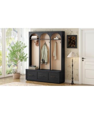 Streamdale Farmhouse Hall Tree- 59" Entry Bench, 8 Hooks, 3 Drawers, Black