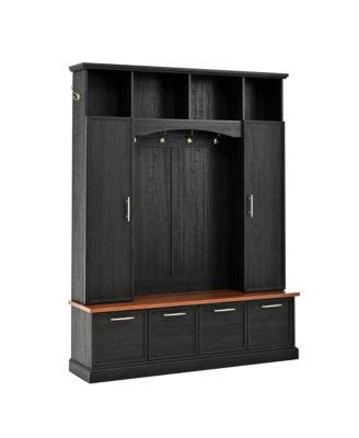 Streamdale 4-in-1 Hall Tree- 59" Wide, Golden Hooks, Walnut Bench, Adjustable Shelves, Black
