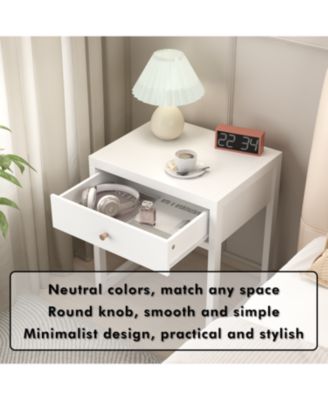 Modern White Nightstand with Drawer & Wood Knob