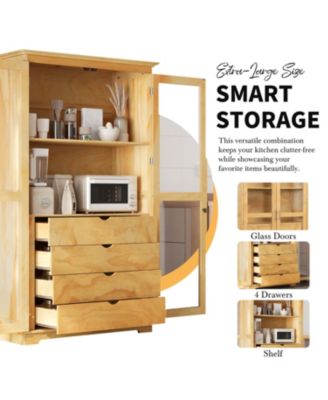 Kitchen Pantry Cabinet with Glass Doors & Drawers