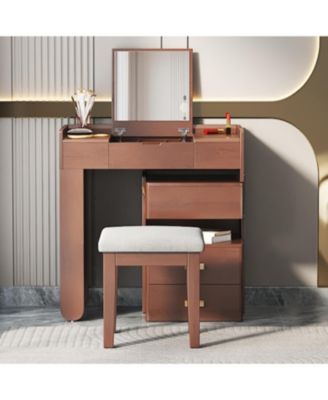 Flip-Top Vanity Desk w/ LED, Adjustable Length, Drawers - Walnut