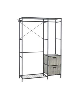 Acacia Wood Garment Rack w/ Shelves, Drawers &amp; Hooks - Light Gray