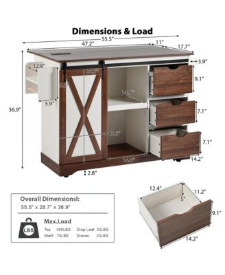 55.5" Farmhouse Kitchen Island w/ Drop Leaf, Barn Door, Power Outlet, Rolling Cart - White
