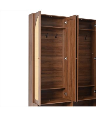 Streamdale Farmhouse Hall Tree - Rattan Doors, Bench, Hooks, Shoe Cabinet - Walnut, 55.1"W
