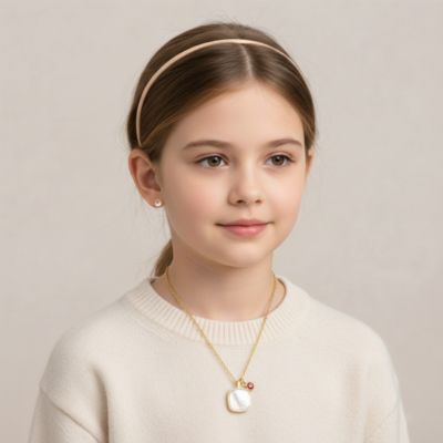 14K Gold Plated with Mother Of Pearl & Red Cubic Zirconial Necklace For Kids