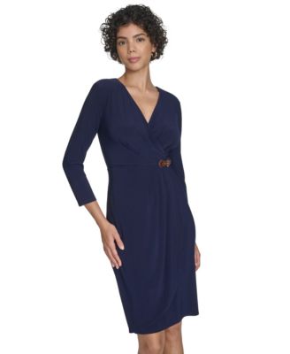 Petite Surplice Faux Wrap Sheath With Buckle Dress