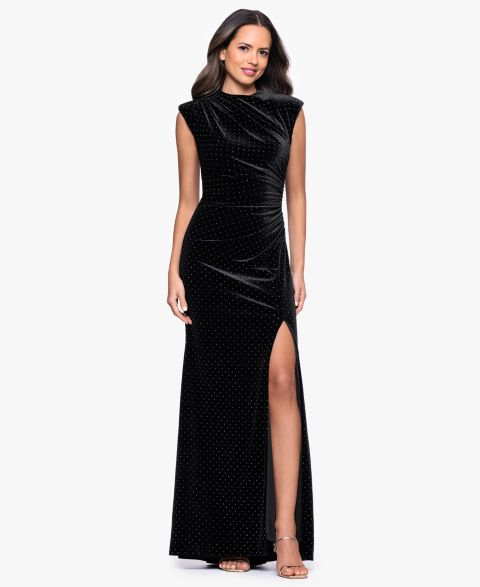 Женское платье Betsy & Adam Long Studded Velvet Gown, цвет: Чёрный / Серебряный
