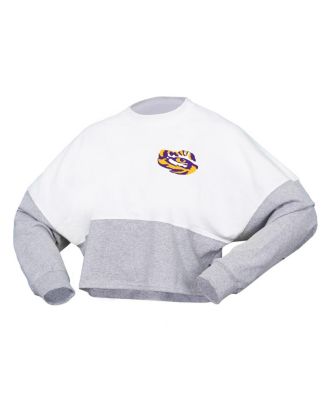 Women's White LSU Tigers Heather Block Cropped Long Sleeve Jersey T-Shirt