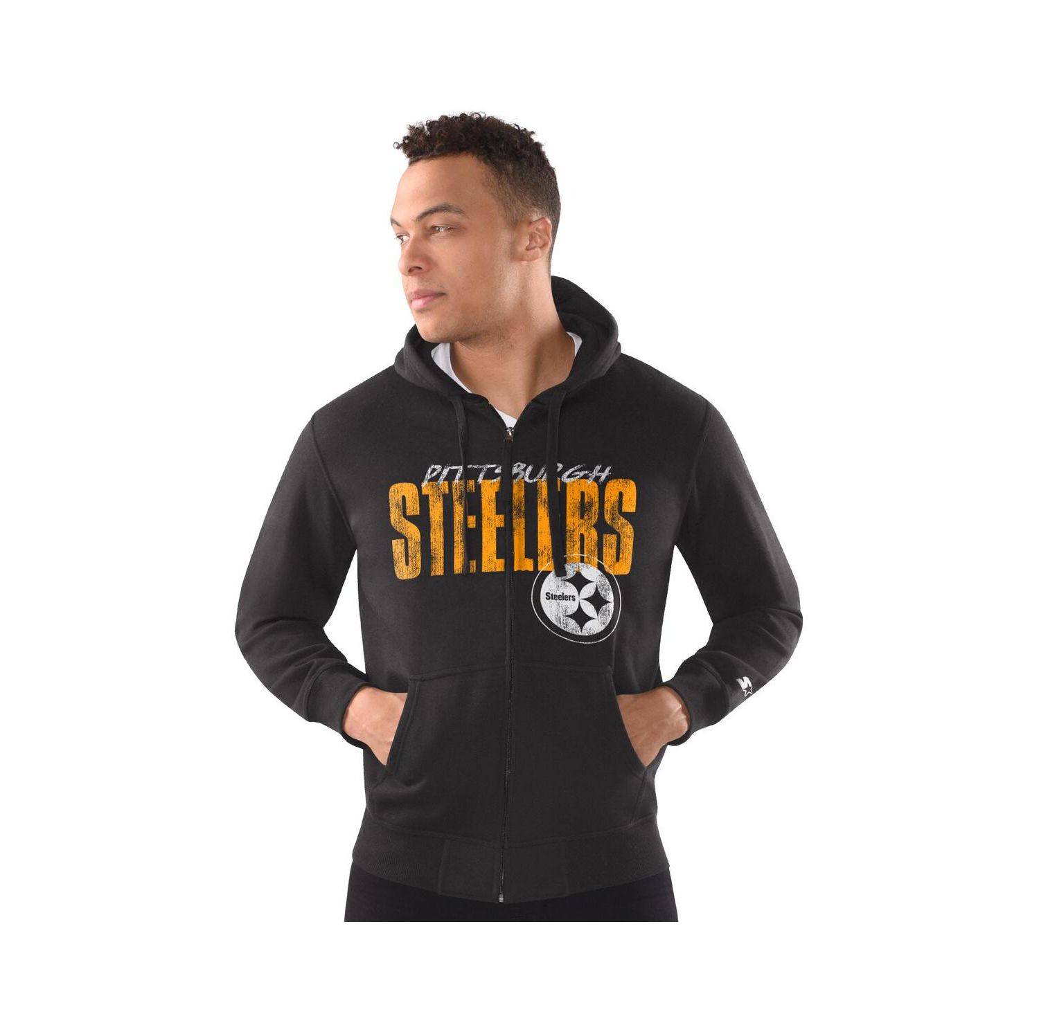 Men's Black Pittsburgh Steelers Distressed Classic Full-Zip Hoodie