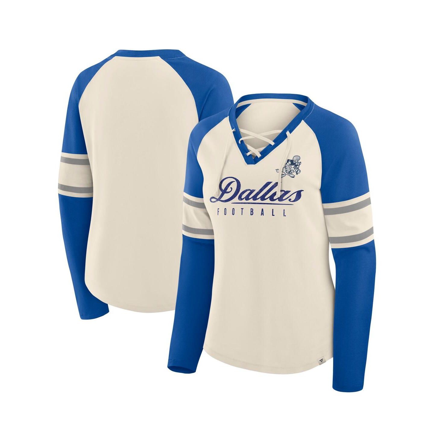 Женская футболка Fanatics Cream/Royal Dallas Cowboys Hometown Gridiron Hero Raglan Lace-Up V-Neck Long Sleeve — фото 1