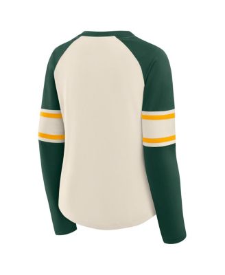 Women's Cream/Green Bay Packers Hometown Gridiron Hero Raglan Lace-Up V-Neck Long Sleeve T-Shirt
