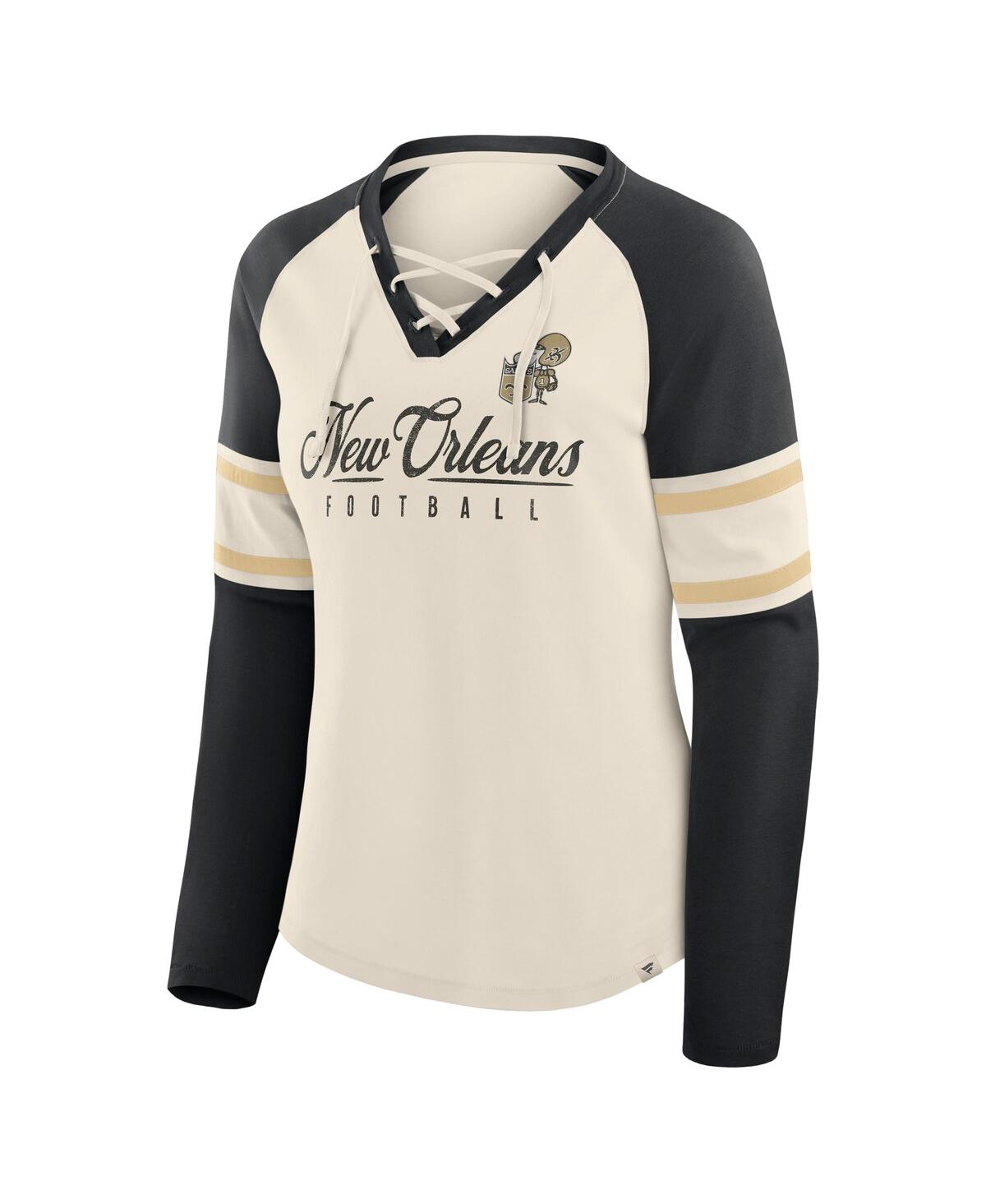 Fanatics Women's Cream/black New Orleans Saints Hometown Gridiron Hero Raglan Lace-up V-neck Long Sleeve T-sh In Multi
