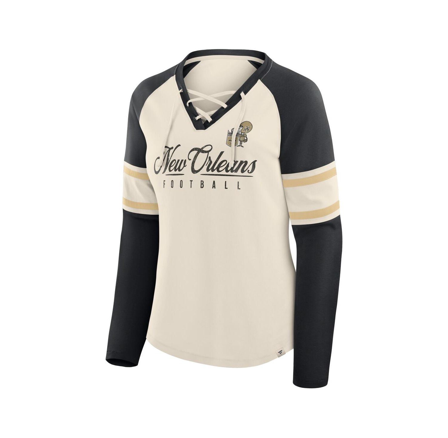 Women's Cream/Black New Orleans Saints Hometown Gridiron Hero Raglan Lace-Up V-Neck Long Sleeve T-Shirt