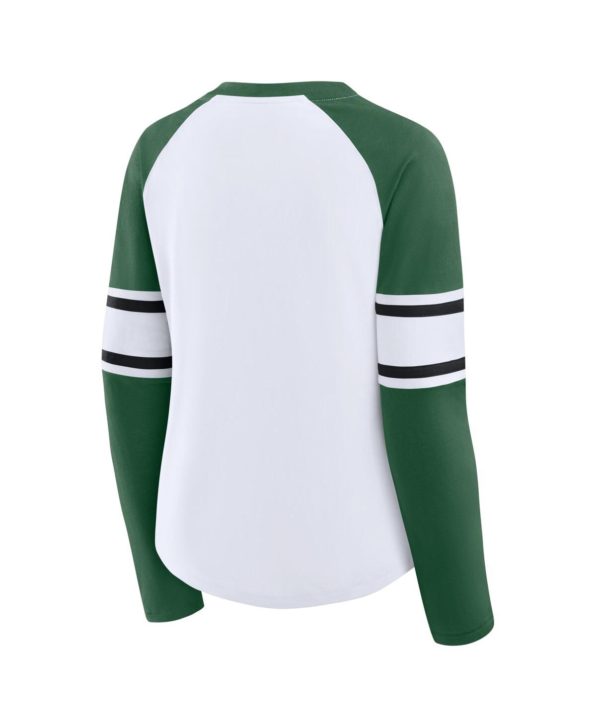 Fanatics Women's White/green New York Jets Redzone Blitz Package Raglan Lace-up V-neck Long Sleeve T-shirt In Green