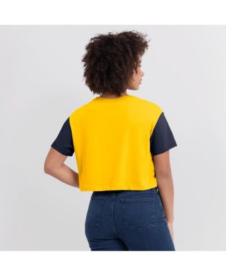 Women's Maize/Navy Michigan Wolverines Color-Block Script Dri-FIT Cropped T-Shirt